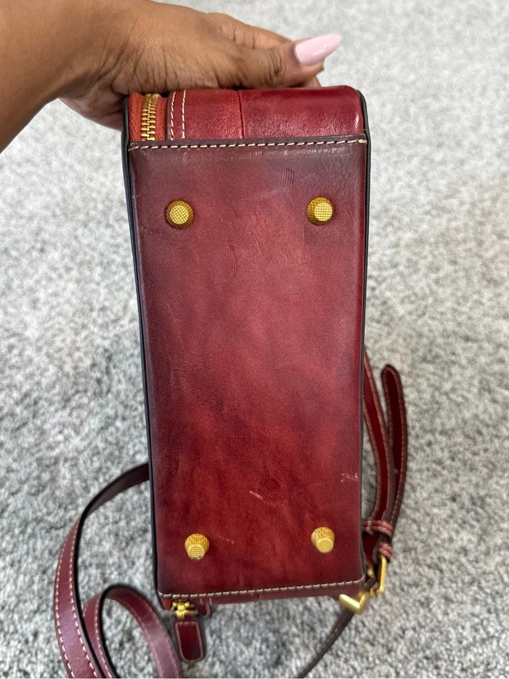 Red Genuine Leather Retro Top Handle Structured Crossbody Stachel Bag Zip Close
